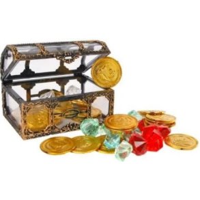 Skattekiste med guldmnter og diamanter