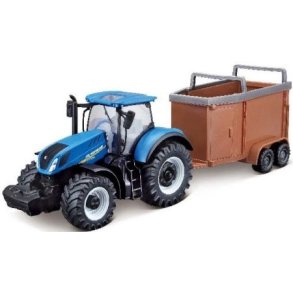 BURAGO Traktor med anhnger til dyr N.H. T7.615 10cm bl