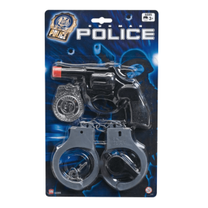 Politist med hndjern, skilt, pistol og fljte