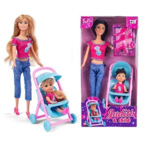 Dukke med barn og klapvogn